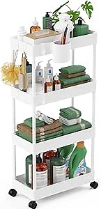 LEHOM Slim Rolling Storage Cart - 4 Tiers Bathroom Organizer Utility Cart Slide Out Storage Shelves Mobile Shelving Unit for Kitchen, Bedroom, Office, Laundry Room, Small Narrow Spaces (Pear White)