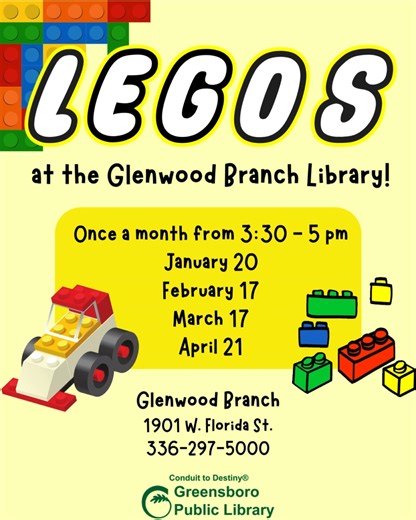 Join us for our "Things that Go" challenge. Design your own boat, truck, balloon, car, train, or airplane. Let us put your build on display! Preschoolers are able to build in a near by area with larger blocks. Playing with LEGOs offers many benefits for children, including enhanced creativity, problem-solving skills, fine motor skills, social interaction, enhanced cognitive development, and emotional expression. 💚 📍 Glenwood Branch 📆 Tuesday, January 20 ⏰ 3:30 - 5 pm | Greensboro Public Libra