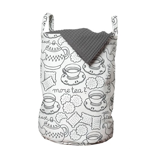 Tea Party Laundry Bag, Doodle Drawing Monochrome Tableware Pattern with Biscuits and More Tea Words, Hamper Basket with Handles Drawstring Closure for Laundromats, 13" x 19", Grey White, by Ambesonne