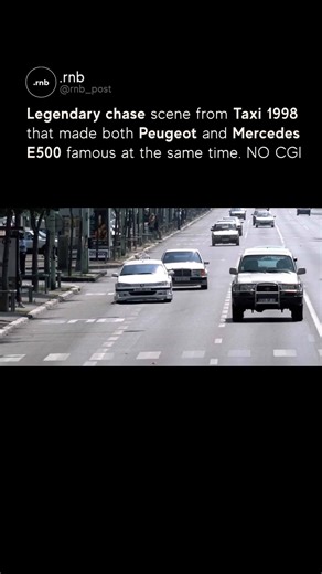 .real news brand on Instagram: "Taxi 1998 - Peak Movie. Taxi came out in 1998 from France and kicked off a wild action comedy franchise. Daniel a pizza delivery guy turned taxi driver with his souped-up Peugeot 406 teams up with a clumsy cop. The movie is full of laughs insane driving and pure 90s vibe. The legendary chase happens early on against a gang of German robbers in slick Mercedes E500s. Daniel's white Peugeot takes them on through Marseille streets highways and ramps. No CGI everything