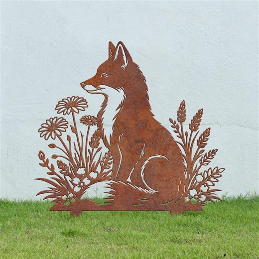 Fox Metal Rusty Sign, Metal Garden Stake, Rusty Sign Yard, Fox Sign