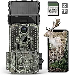 WOSPORTS WiFi Trail Camera,Solar Powered Game Camera 4K 30MP,WLAN Bluetooth Trail Cam with 120 Degree PIR Range,IP66 Waterproof Outdoor Wildlife Hunting Scouting Camera with Night Vision