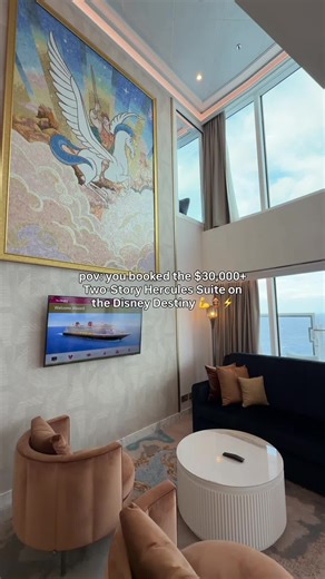 We definitely won’t be leaving our stateroom 😍🏺⚡️💪 This Hercules themed suite sleeps up to six and has over 1700 sq. ft with a private whirlpool & balcony. #disney #disneycruise #hercules