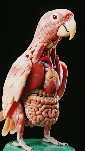 The footage showcases the intricate internal anatomy of a parrot.