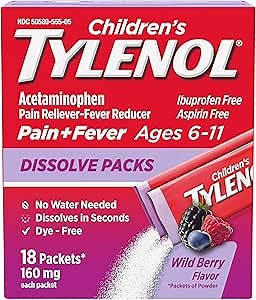 Children's Tylenol Dissolve Packs with 160 mg Acetaminophen Pain Reliever & Fever Reducer, Kids' Powder Packets for Cold & Flu Symptom Relief, Ibuprofen- & Dye-Free, Wild Berry, 18 ct