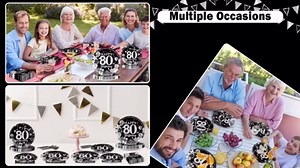 OBUSATT 96PCS 80th Birthday Party Supplies Black and White Silver 80th Happy Birthday Paper Plates Napkins 80th Party Decorations 80 Years Old Dinnerware Party Favor Men Women Tableware Serves 24