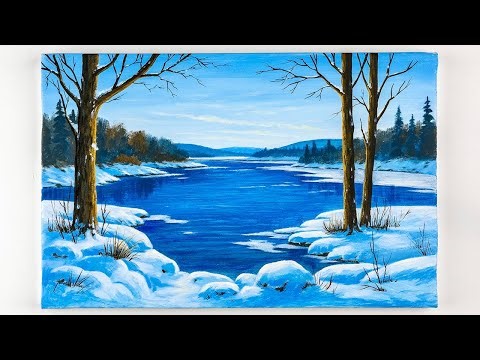 Snowy Winter Lake Landscape Painting | Acrylic Painting Tutorial