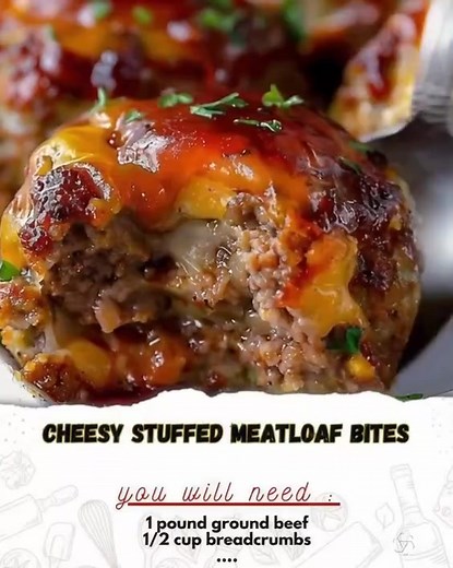 Cheesy Stuffed Meatloaf Bites Ingredients: 1 pound ground beef 1/2 cup breadcrumbs 1/4 cup milk 1 large egg 1 small onion, finely chopped 2 cloves garlic, minced 1 teaspoon salt 1/2 teaspoon black pepper 1 teaspoon Worcestershire sauce 1/2 cup ketchup 1 tablespoon mustard 1/2 cup grated cheddar cheese 1/4 cup fresh parsley, chopped (additional for garnish) Directions: Preheat your oven to 375°F (190°C). Prepare a baking sheet by lining it with parchment paper. Mix the meatloaf ingredients: In a 
