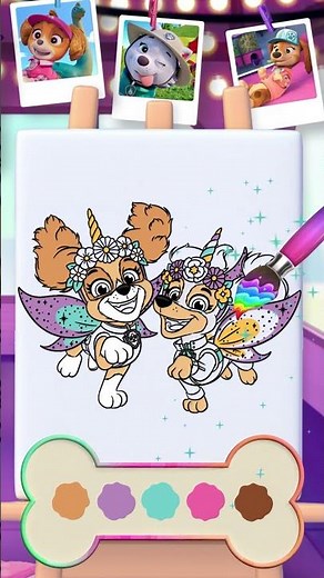 Coloring Skye and Liberty from PAW Patrol with a MAGIC rainbow paintbrush!