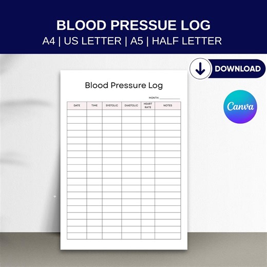 Blood Pressure Log Printable PDF & Canva Editable | BP Tracker | Systolic Diastolic Pulse Log | A4 A5 US Letter Half Letter | Health Tracker - Etsy