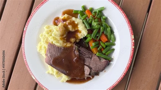 Rotating Plate of Beef Pot Roast with Mashed Potatoes