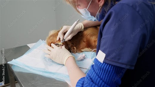 Professional female veterinarian using an ultrasonic scaler to remove plaque and tartar from the teeth of a sedated english cocker spaniel lying on an operating table in a veterinary clinic