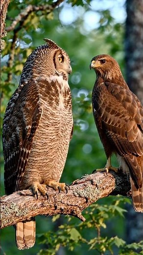 Great Horned Owl vs Red-Tailed Hawk / Two Powerful Predators at Sunset / 4K Wildlife Documentary
