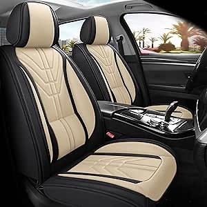 otoez Car Seat Covers Full Set, 5 Seats Nappa Leather Seat Cover for Car Seden SUV, Waterproof Universal Automotive Seat Protector Full Coverage Vehicle Front and Rear Seat Cover (Black & Beige)