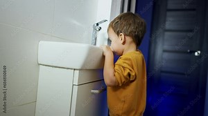 Two-year old toddler stands in the bathroom holding by the sink. Kid opens and closes the water watching it flow.