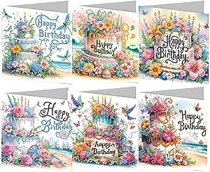 pigpigboss 6 Packs Happy Birthday Diamond Painting Greeting Cards | With Envelope, Birthday Cake Design, Flower Bird Butterfly, Diamond Art Cards, Arts Kit