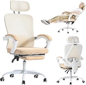 Ergonomic Office Chair, Adjustable Lumbar Support, 400LBS Capacity, White Computer Chair with Retractable Footrest, Breathable Mesh Back Gaming Chair Adjustable Headrest