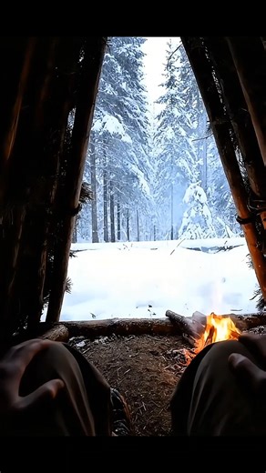Deep snow, a handmade shelter, and a warm🔥🥶 #survivalskills #bushcraftshelter