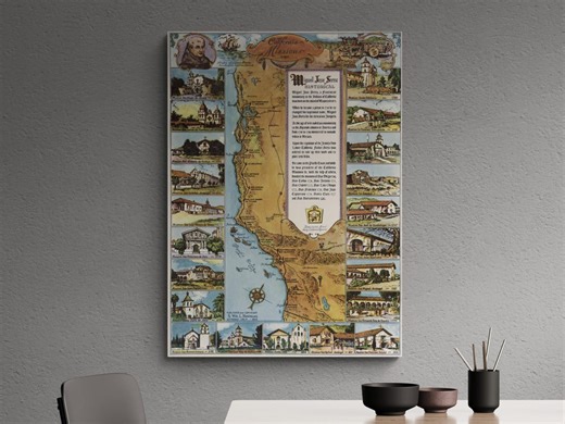 Vintage California Spanish Missions Map Antique Print Poster Retro Wall Art Decor Gift - Etsy