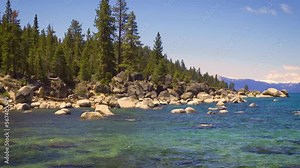 Pan right of Lake Tahoe Secret Beach in Sierra Nevada Mountains, Nevada, USA