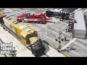 GTA 5 Real Life Mod #179 Heavy Duty Tow Truck Wrecker Flips Semi Truck Trailer Hit By Freight Train