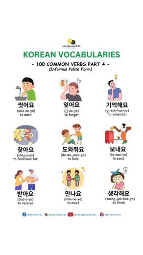 Korean Vocabularies - 100 Common Verbs Part 4 - (Informal Polite Form) #epstopik2025 #epstopik #koreanvocabulary #koreanlanguage #korean #koreanphrases #learnkorean | EasyKorean101