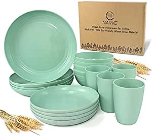 Wheat Straw Dinnerware Sets (16pcs) Green- Unbreakable Microwave Safe-Lightweight Bowls, Cups, Plates Set-Reusable, Eco Friendly,Dishwasher Safe,Wheat Straw Plates,Wheat Straw Bowls, Cereal Bowls