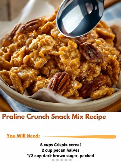 Praline  Crunch Snack Mix Recipe Ingredients 8 cups Crispix cereal 2 cup pecan halves 1/2 cup dark brown sugar, packed 1/2 cup light corn syrup 1/2 cup salted butter 1 teaspoon vanilla extract 1/2 teaspoon baking soda – Metric Instructions  | Mom and Grandma's Quick Recipes | Facebook