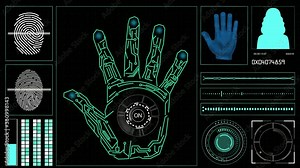 hud elements on a computer display with hand scanning and fingerprints on a screen. Stock Video