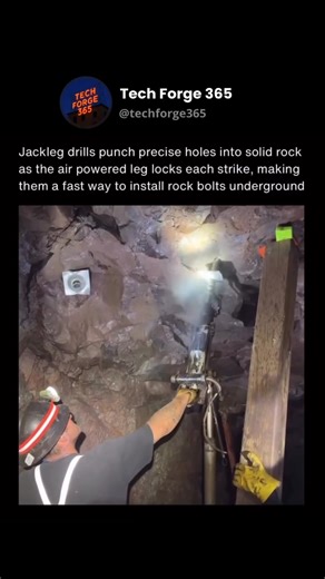 Tech Forge 365 | How It Works on Instagram: "Jackleg drilling is a core technique in underground hard rock mining, used to create the holes needed for installing rock bolts that keep the roof and walls stable. A jackleg drill is a pneumatic rock drill with an extendable leg that braces the tool against the ground or wall, allowing the operator to push the bit firmly into the rock. This setup gives miners the leverage needed to drill accurate holes at different angles, even in narrow or uneven he