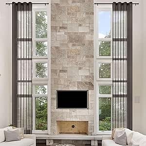 Fcosie Extra Wide Extra Long Semi Sheer Linen Drapes | Light Filtering Curtains | Grommet Draperies | Tall Curtains for High Living Room Garage Sliding Door, 100" Wide x 240" Long, Dark Grey, 1 Panel