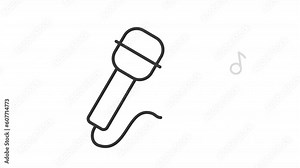 Animated hand microphone line icon. Singing sound animation. Musical notes floating from mic. Karaoke party. Loop HD video with alpha channel, transparent background. Outline motion graphic