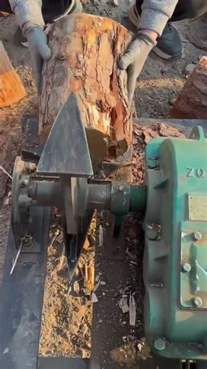 splitting the large brown wood log precisely for firewood material using an industrial wood splitter