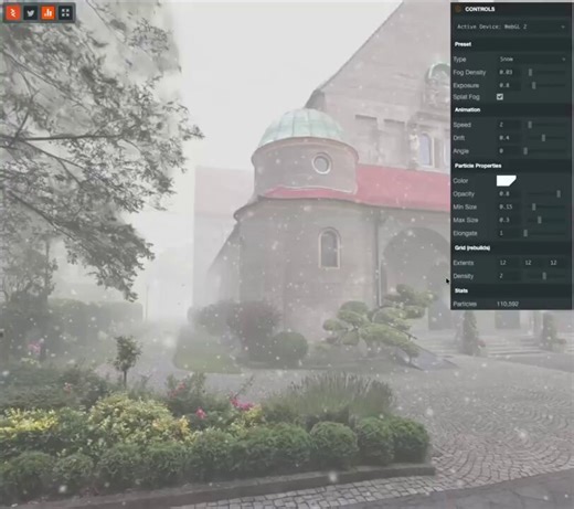 基于高斯泼溅（Gaussian splats）的程序化雨雪效果——随摄像机移动的无限粒子，完全由 GPU 进行渲染。加入雾效后，便能营造出真实天气的氛围。