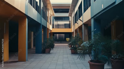 Modern architecture defining an interior courtyard with symmetrical walkway, multiple levels, and potted plants enhancing the contemporary design with a striking color palette
