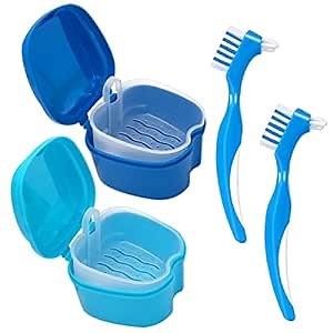 Denture Cleaner Box and Brush Set - 2 Pack Denture Bath Case with Basket + 2 Pack Denture Brush, Portable Denture Retainer Storage Box, False Teeth Brushes for Oral Care (Light and dark blue)