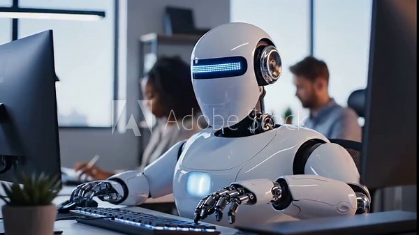 Humanoid robot works on computer in office. This AI robot is a future worker, collaborating with humans. The robot uses a keyboard, showing automation. Future of work with AI robot and technology.