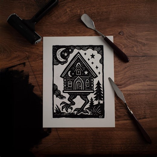 Baba Yaga Linocut Print | Spooky Folk Art | Witchy Halloween Wall Decor | 8x10 Black and White Print | Limited Edition of 40 - Etsy