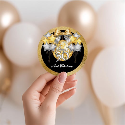 50 and Fabulous Birthday Party Sticker | Black Silver Gold | 50th Birthday Digital Canva Template - Etsy