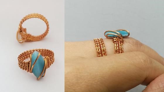 Wire wrapped ring with small cat eye stones without holes - full version (slow) 338
