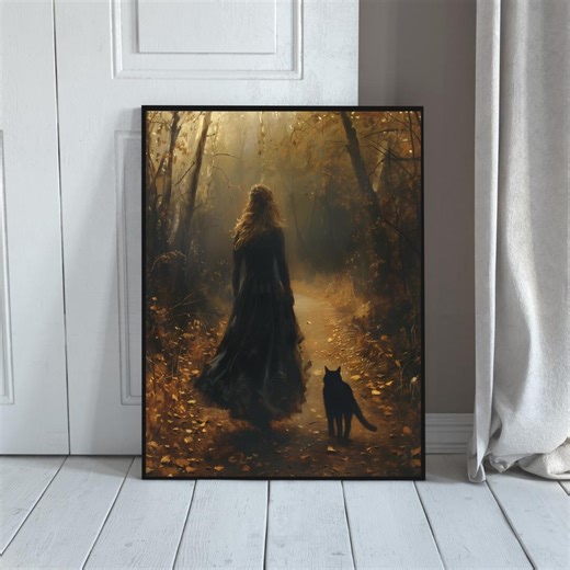 Dark Academia Wall Art, Gothic Forest Woman With Black Cat, Moody Autumn Path Print, Vintage Aesthetic Decor, Witchy Wall Art - Etsy