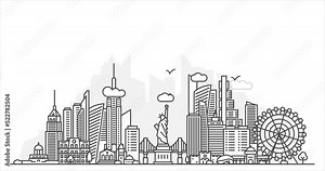 New York, USA architecture line skyline animation. Linear vector cityscape with famous landmarks, city sights, design icons. Landscape with clouds and birds. Space for text.