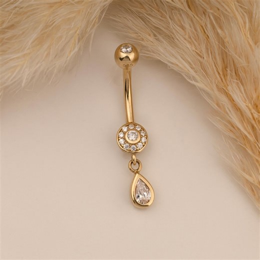 14k Solid Gold Belly Button Piercing: Drop Stone Navel Ring - Etsy
