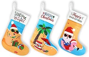 Vansolinne Beach Christmas Stockings 3 Pack 11'' x 17'' Coastal Christmas Decorations Funny Tree Hanging Ornament Bag Fireplace Hanging Soft Large Plush Socks with Santa Flamingo Palms Xmas Gifts