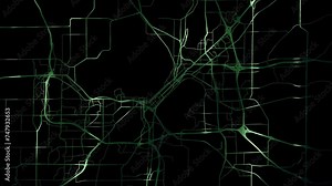 Zoom in road map of Madison Wisconsin with green glowing roads on a black background.