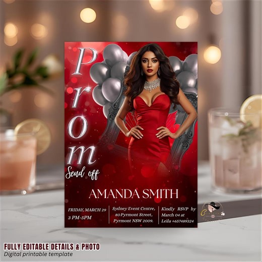 Prom Send off Party Invitation Red Silver Woman Prom Night With Photo Invite, Elegant Grand Senior Ball and Junior Prom Gala Template, PRM04 - Etsy Canada