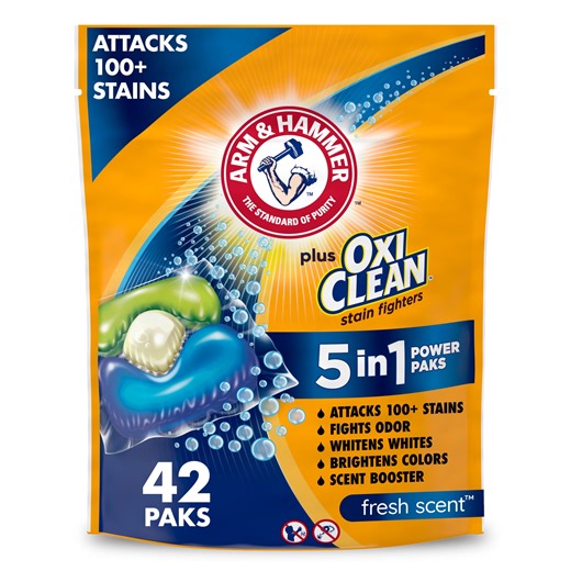 ARM & HAMMER Plus OxiClean 5-in-1 Laundry Detergent Paks, Fresh Scent, 42 Count