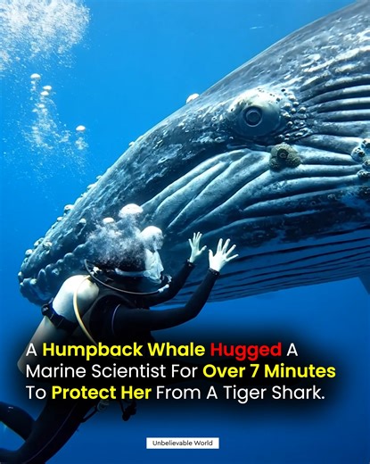 In a moment that stunned the world, marine biologist Nan Hauser found herself in the middle of an extraordinary rescue — by a humpback whale. While diving off the Cook Islands, Hauser suddenly felt a 40-ton whale pressing against her, nudging, even tucking her beneath its massive fin. Confused, she tried to move away — until she saw what the whale had seen first: a tiger shark, circling nearby. For over seven minutes, the whale shielded her — lifting her above the surface, blocking the shark wit
