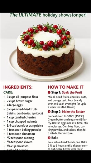 Christmas Cake 2025🎄✨🎅 **The ULTIMATE holiday showstopper!** Rich, festive, and absolutely STUNNING! Perfect for your Christmas celebration! 🎁❤️ ----- 🎄 **INGREDIENTS:** **Cake:** ✨ 3 cups all-purpose flour ✨ 2 cups brown sugar ✨ 1 cup butter, softened ✨ 4 large eggs ✨ 3 cups mixed dried fruits (raisins, cranberries, apricots) ✨ 1 cup candied cherries ✨ 1 cup chopped walnuts ✨ 3/4 cup brandy or orange juice ✨ 1 teaspoon baking powder ✨ 1 teaspoon cinnamon ✨ 1/2 teaspoon nutmeg ✨ 1/4 teaspoon