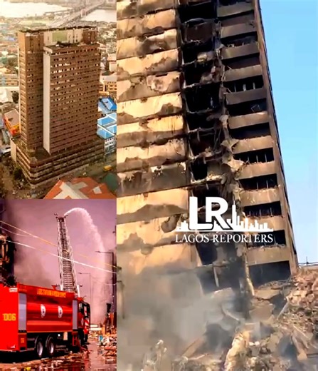 Breaking News: The Aftermath Look of Great Nigeria House after Fire Engulfs 22-Storey Building on Lagos Island –Lagos Reporters A day after the devastating fire outbreak, the Great Nigeria Insurance House on Martins Street, Lagos Island, presents a grim aftermath, with the entire 22-storey building badly charred and structurally compromised. Lagos Reporters observed that large sections of the high-rise were gutted by the inferno, with visible signs of partial collapse, shattered windows and heav